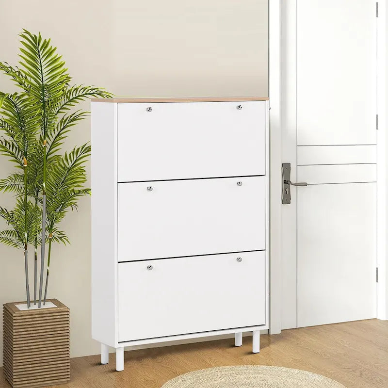 Minimalist Shoe Storage Cabinet with Wood Grain Finished Top Panel