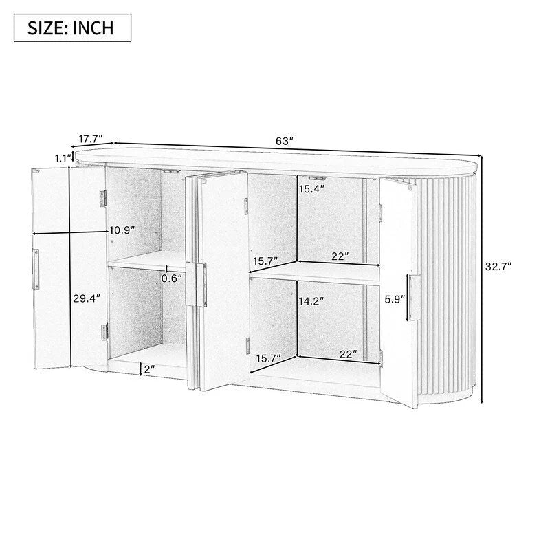 Sideboard mit 4 Türen, geriffelter Front und Metallgriffen, braun, schwarz, marineblau