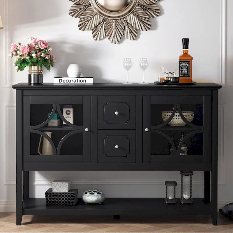 Black Sideboard Buffet Cabinet with Glass Doors Drawers and Open Shelf