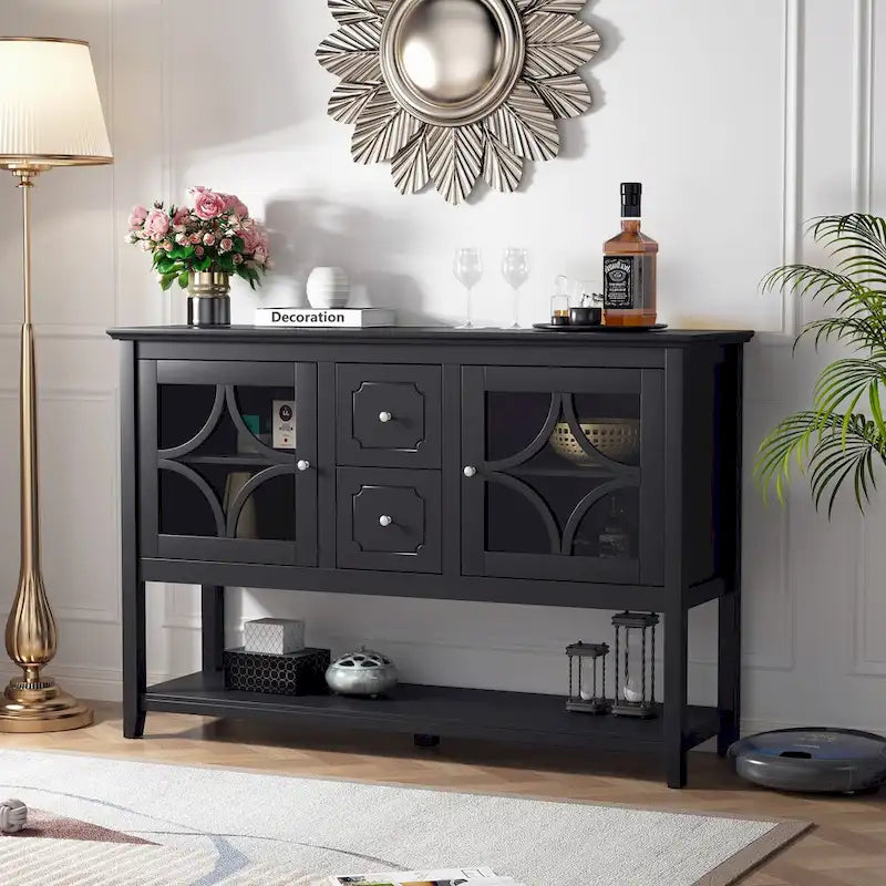 Black Sideboard Buffet Cabinet with Glass Doors Drawers and Open Shelf