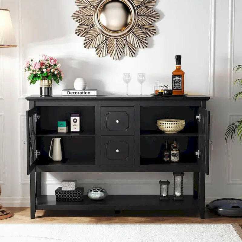 Black Sideboard Buffet Cabinet with Glass Doors Drawers and Open Shelf