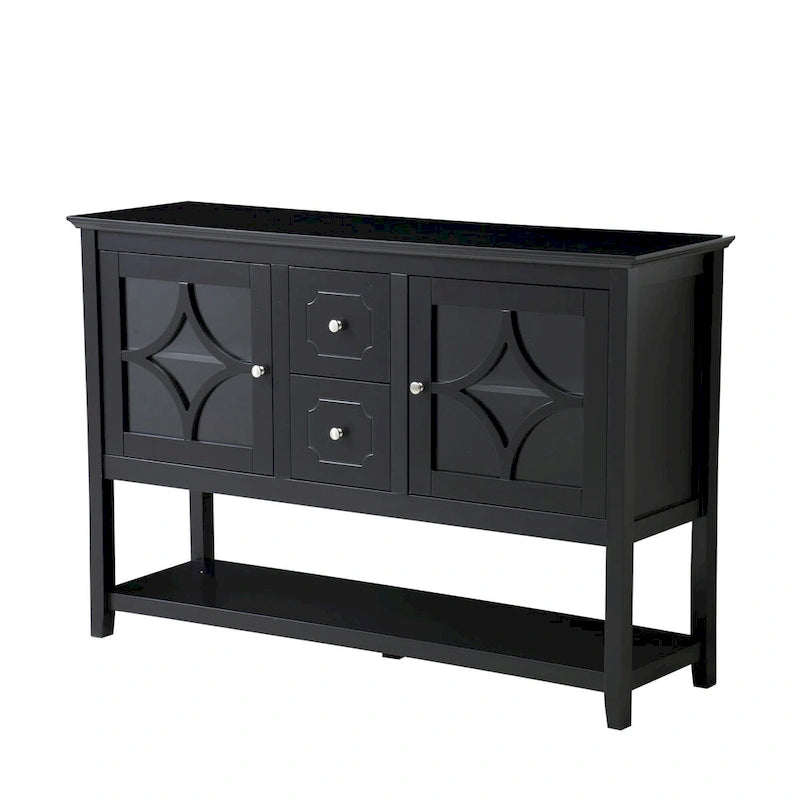 Black Sideboard Buffet Cabinet with Glass Doors Drawers and Open Shelf