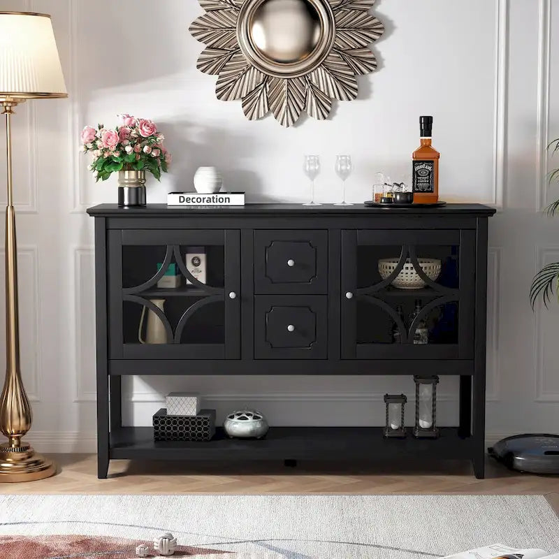 Black Sideboard Buffet Cabinet with Glass Doors Drawers and Open Shelf