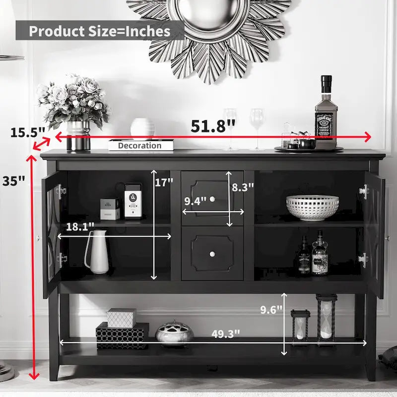 Black Sideboard Buffet Cabinet with Glass Doors Drawers and Open Shelf