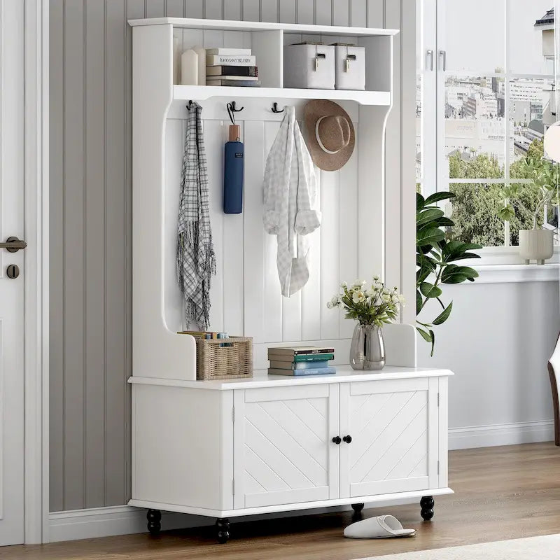 Hall Tree with 4 Hooks , Coat Hanger, Entryway Bench, Storage Bench, 3-in-1 Design, 40INCH, for Entrance, Hallway