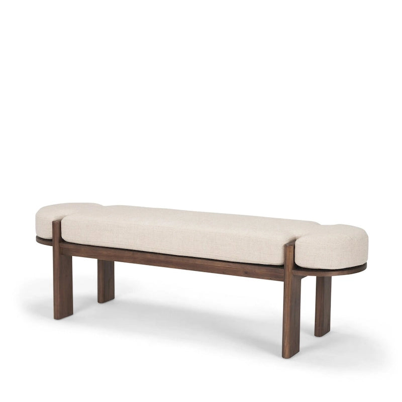 Dark Brown Elm Wood Bench with Oatmeal Fabric Upholstered Cushion