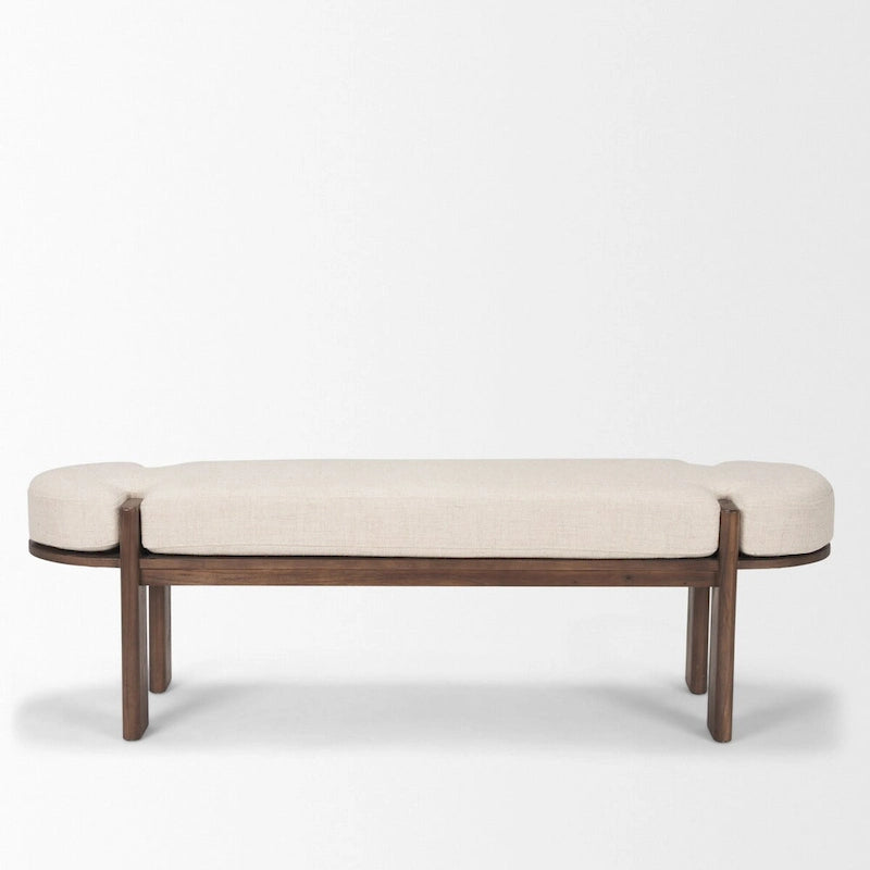 Dark Brown Elm Wood Bench with Oatmeal Fabric Upholstered Cushion