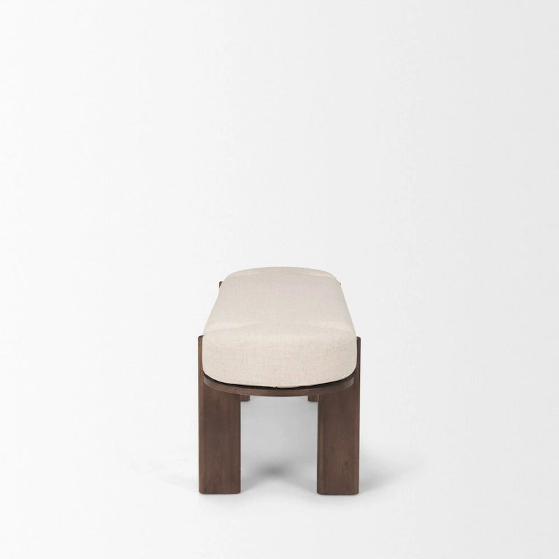 Dark Brown Elm Wood Bench with Oatmeal Fabric Upholstered Cushion