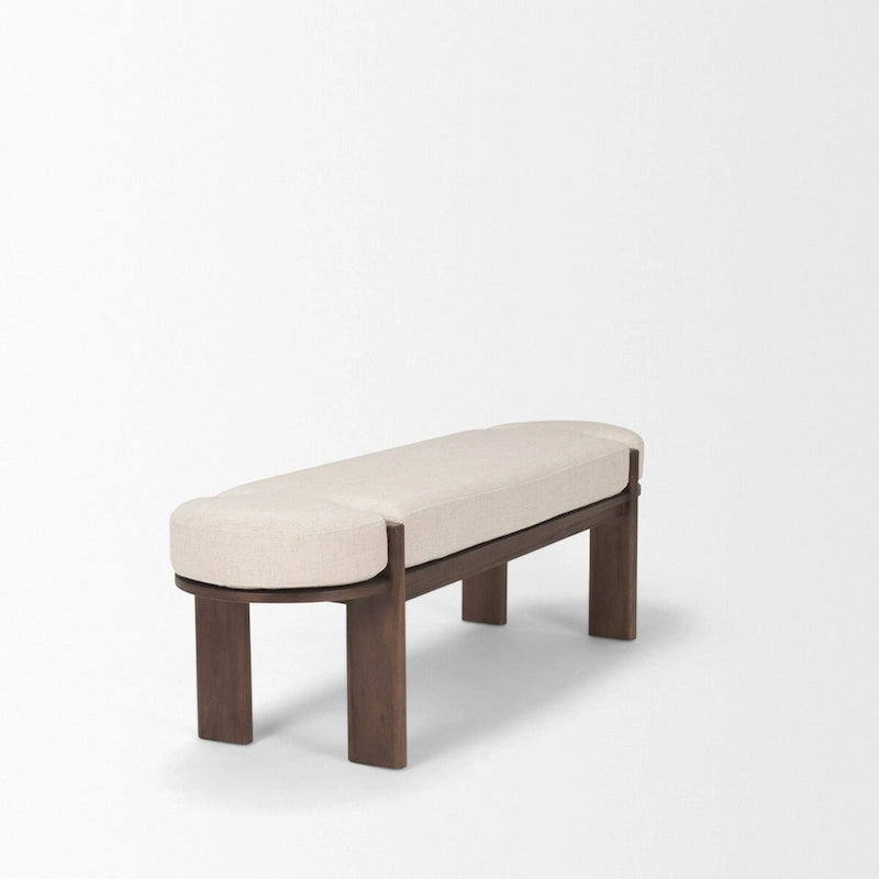 Dark Brown Elm Wood Bench with Oatmeal Fabric Upholstered Cushion