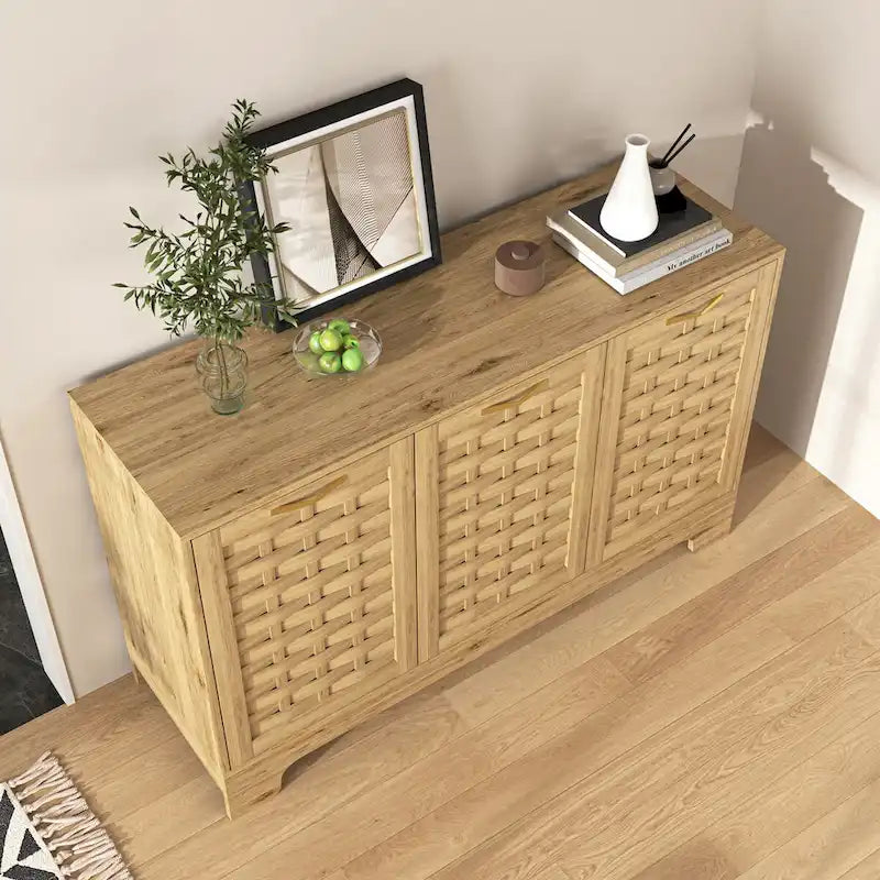 Natural Wood Woven Door Sideboard Cabinet with Gold Handles