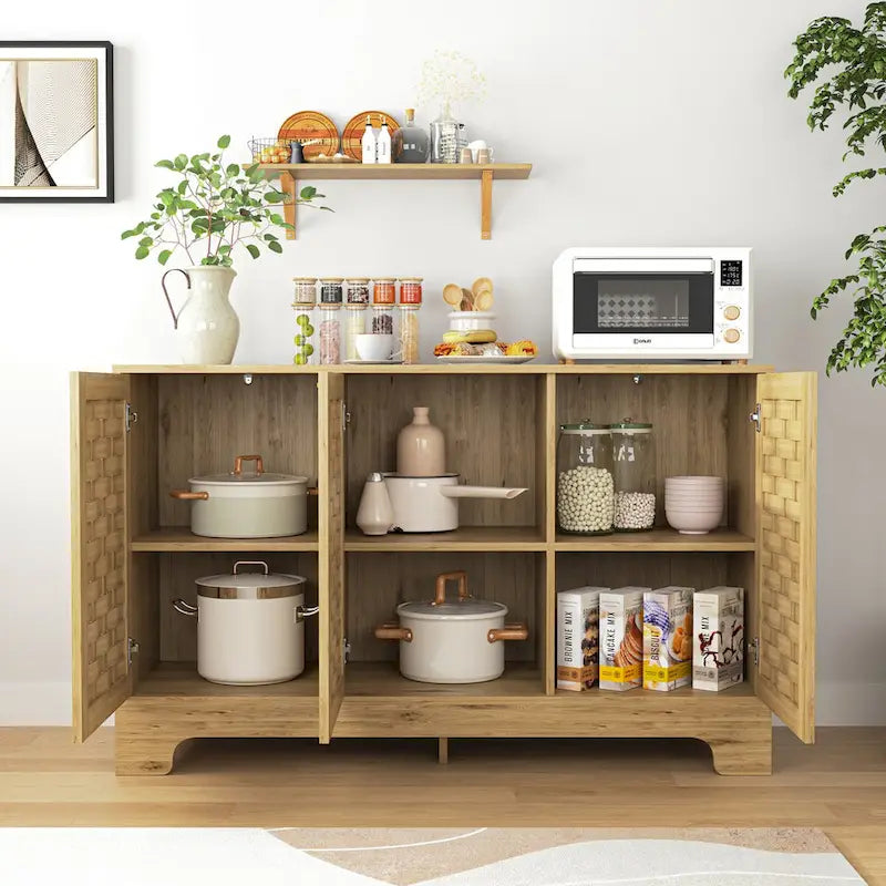 Natural Wood Woven Door Sideboard Cabinet with Gold Handles