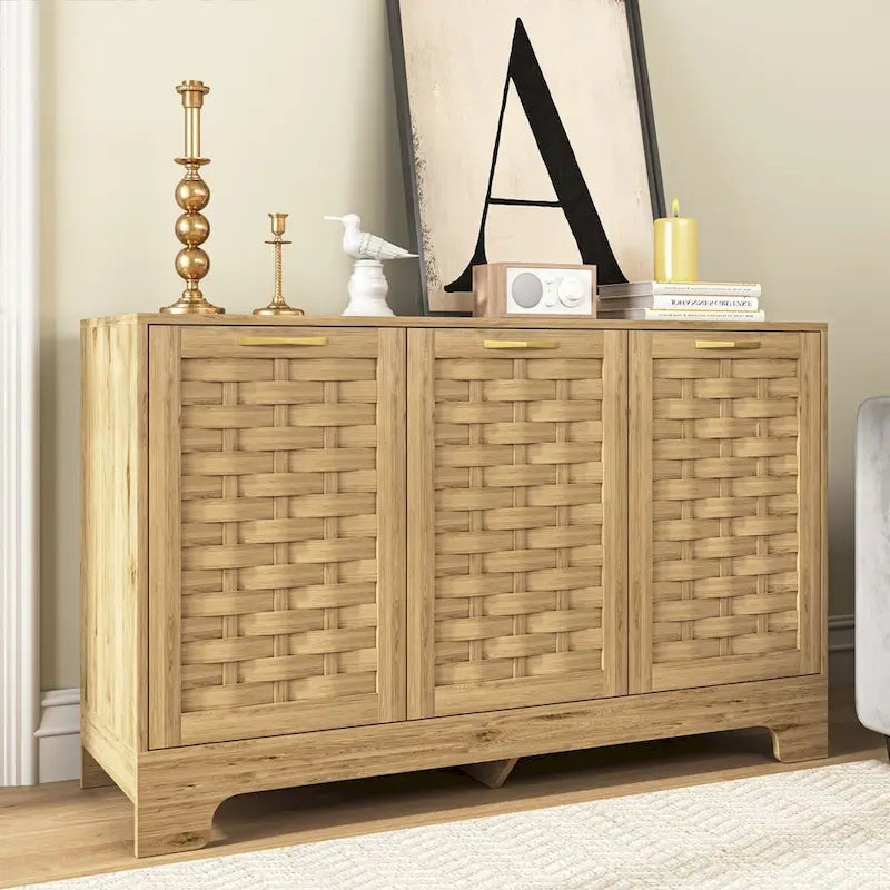 Natural Wood Woven Door Sideboard Cabinet with Gold Handles