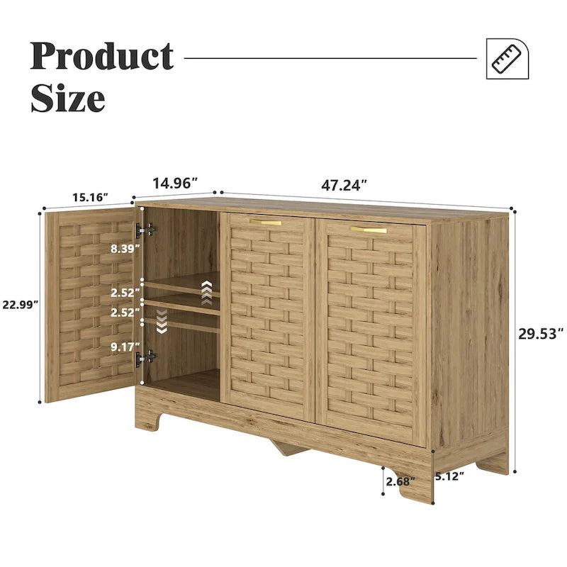 Natural Wood Woven Door Sideboard Cabinet with Gold Handles
