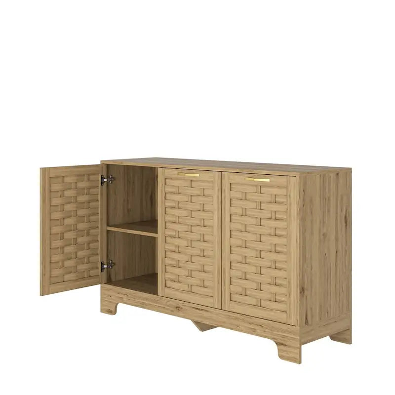 Natural Wood Woven Door Sideboard Cabinet with Gold Handles