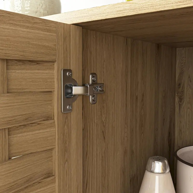 Natural Wood Woven Door Sideboard Cabinet with Gold Handles