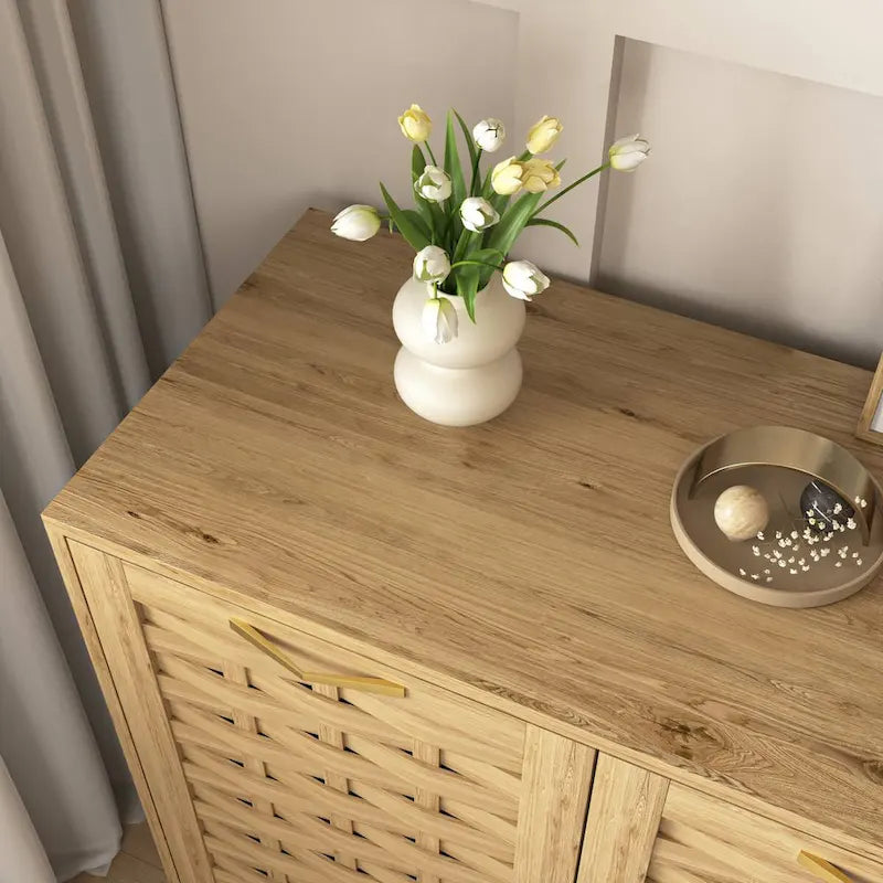 Natural Wood Woven Door Sideboard Cabinet with Gold Handles