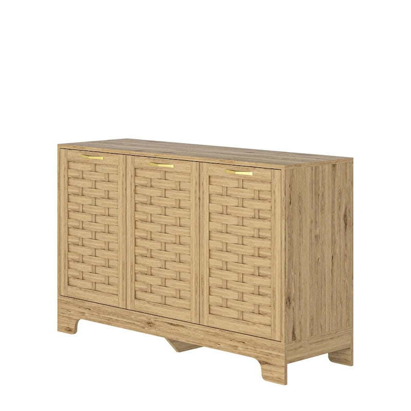 Natural Wood Woven Door Sideboard Cabinet with Gold Handles