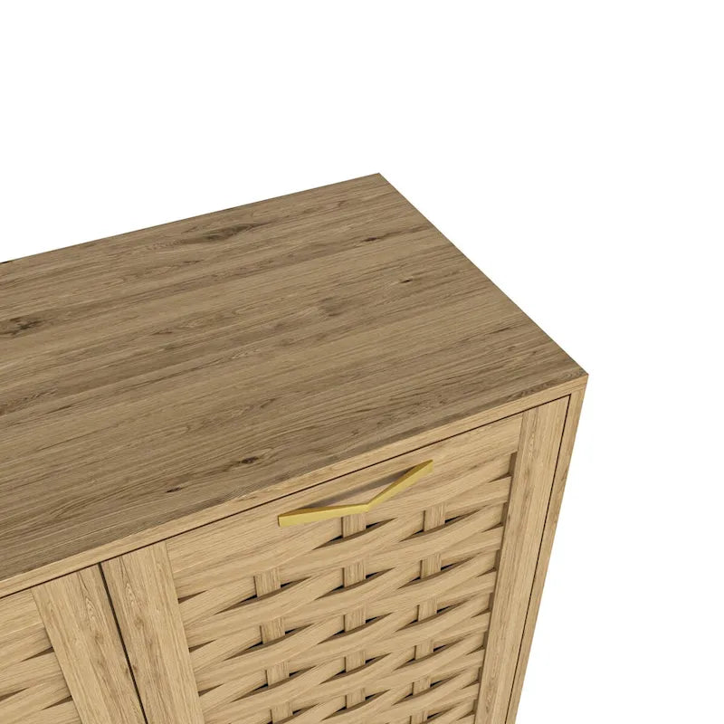 Natural Wood Woven Door Sideboard Cabinet with Gold Handles