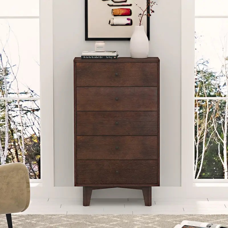 Brown Wood 7-Drawer Dresser Cabinet with Birch Legs Retro Style