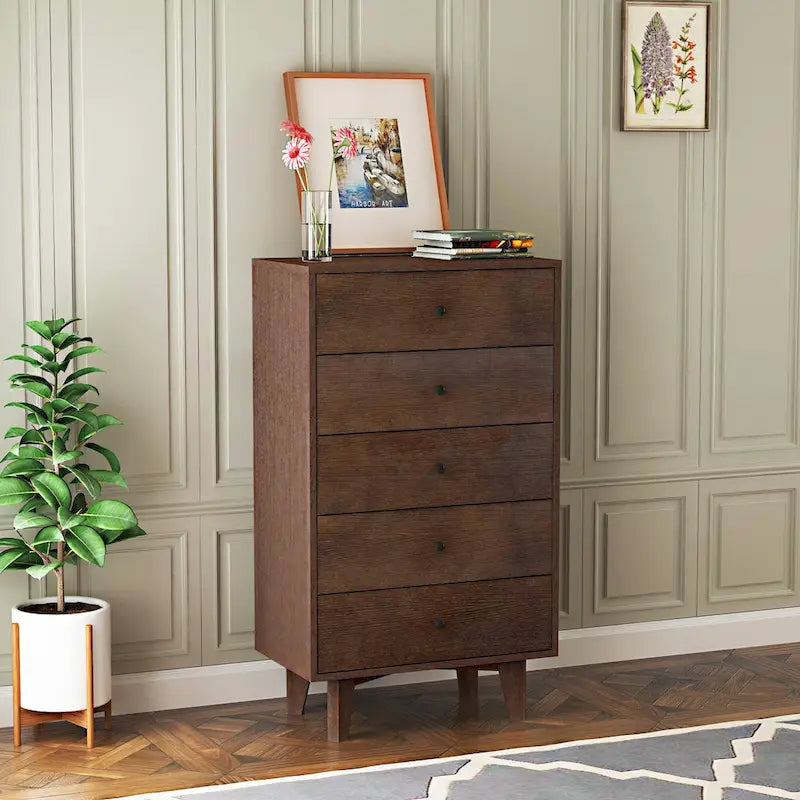 Brown Wood 7-Drawer Dresser Cabinet with Birch Legs Retro Style