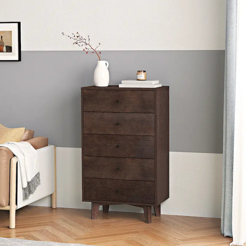 Brown Wood 7-Drawer Dresser Cabinet with Birch Legs Retro Style