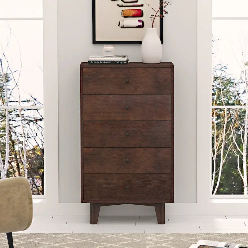 Brown Wood 7-Drawer Dresser Cabinet with Birch Legs Retro Style