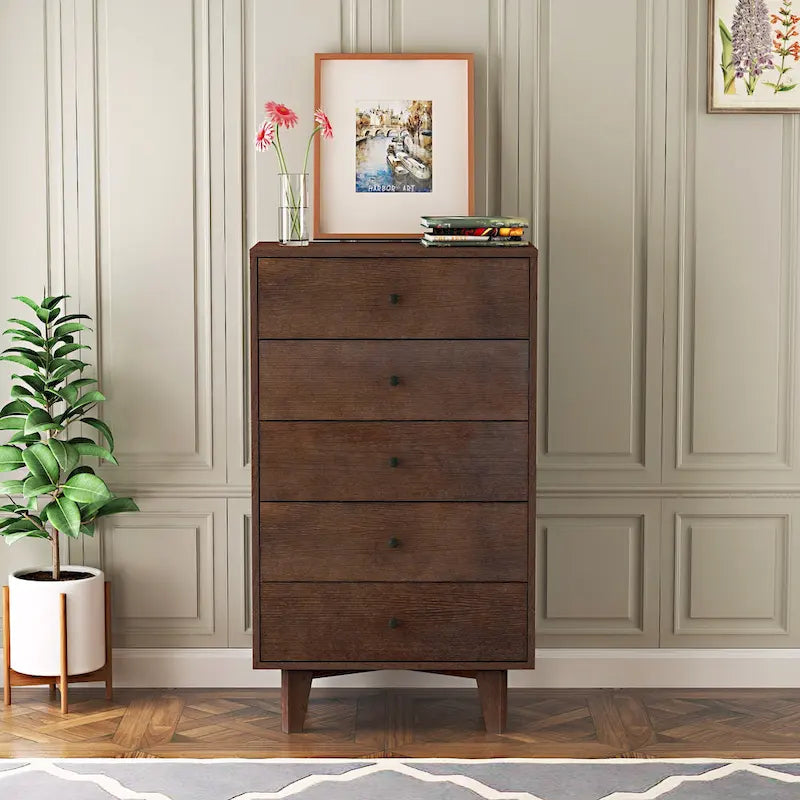 Brown Wood 7-Drawer Dresser Cabinet with Birch Legs Retro Style