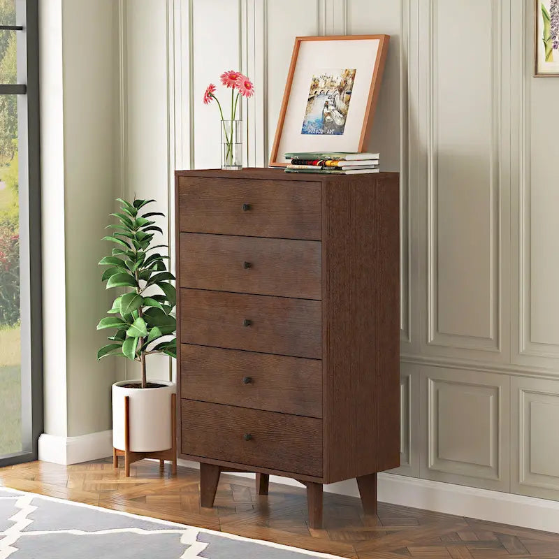 Brown Wood 7-Drawer Dresser Cabinet with Birch Legs Retro Style