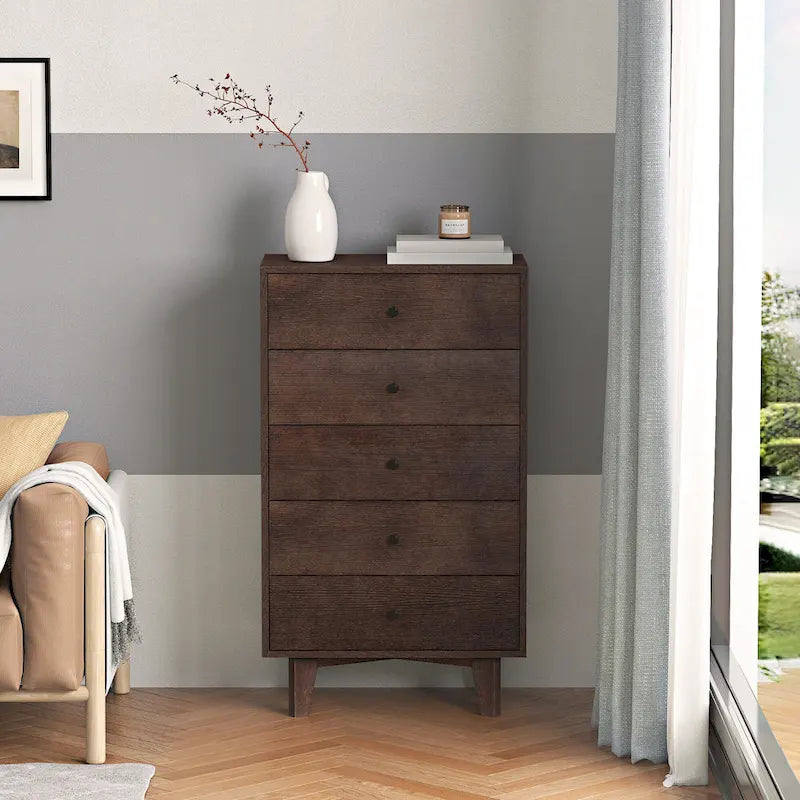Brown Wood 7-Drawer Dresser Cabinet with Birch Legs Retro Style