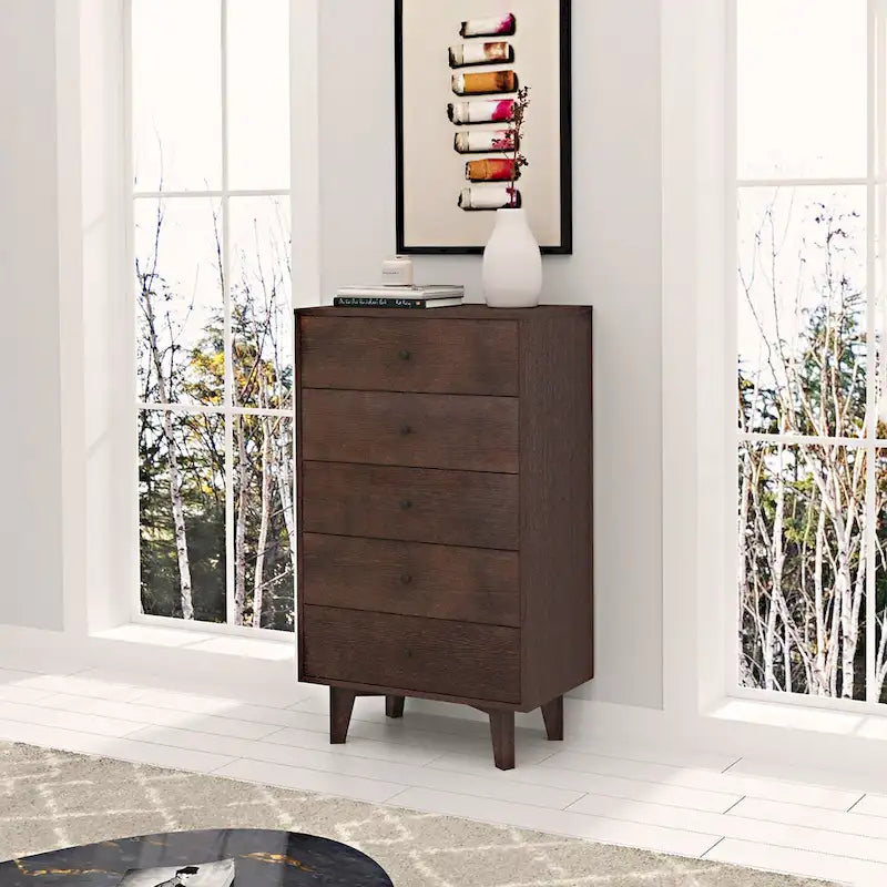 Brown Wood 7-Drawer Dresser Cabinet with Birch Legs Retro Style