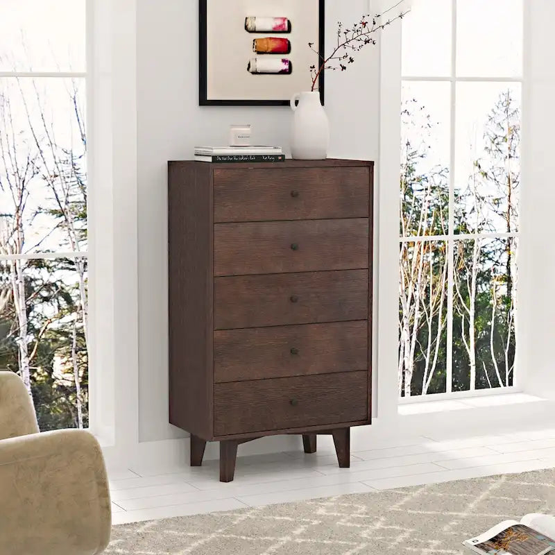 Brown Wood 7-Drawer Dresser Cabinet with Birch Legs Retro Style
