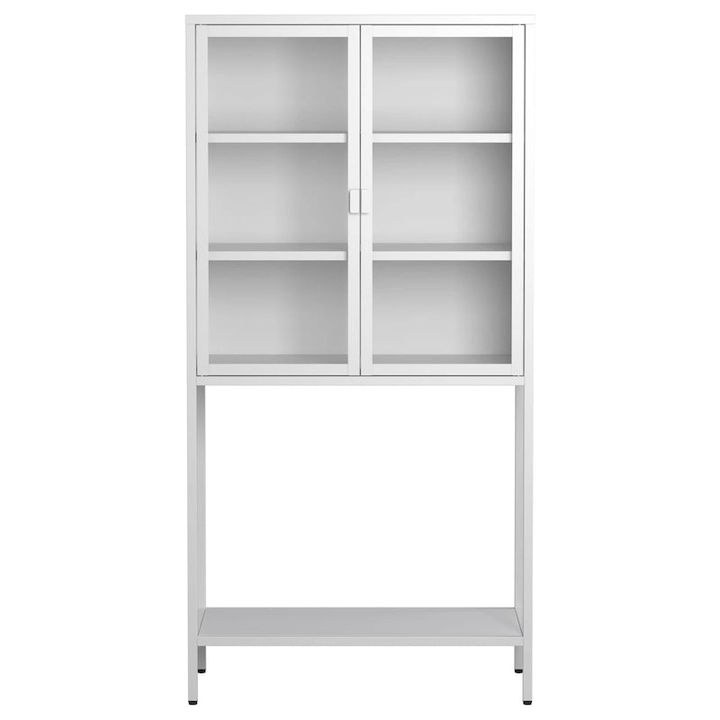 Steel Frame Glass Door Display Storage Cabinet with Adjustable Shelves and Open Bottom Rack