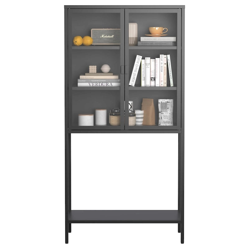 Steel Frame Glass Door Display Storage Cabinet with Adjustable Shelves and Open Bottom Rack