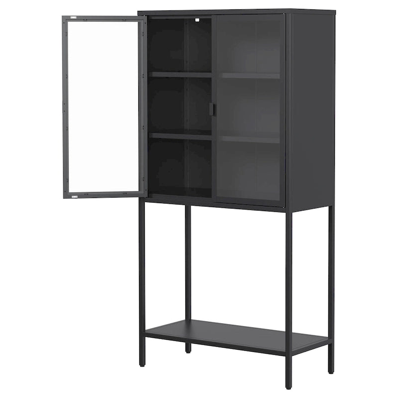 Steel Frame Glass Door Display Storage Cabinet with Adjustable Shelves and Open Bottom Rack