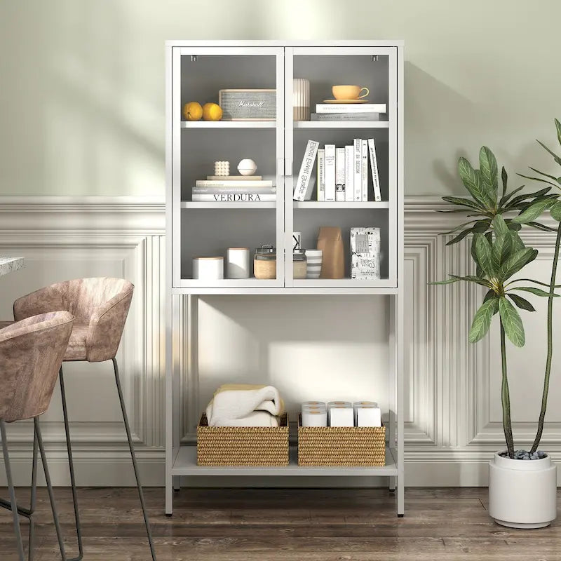 Steel Frame Glass Door Display Storage Cabinet with Adjustable Shelves and Open Bottom Rack