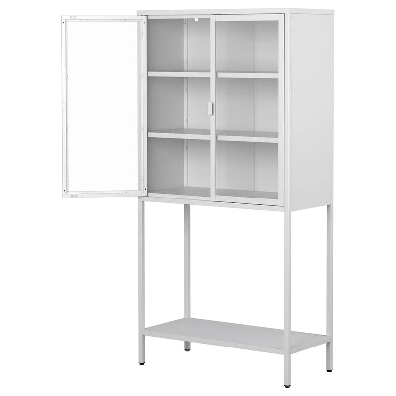 Steel Frame Glass Door Display Storage Cabinet with Adjustable Shelves and Open Bottom Rack