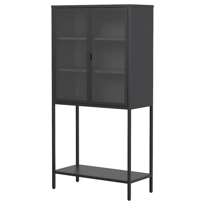 Steel Frame Glass Door Display Storage Cabinet with Adjustable Shelves and Open Bottom Rack