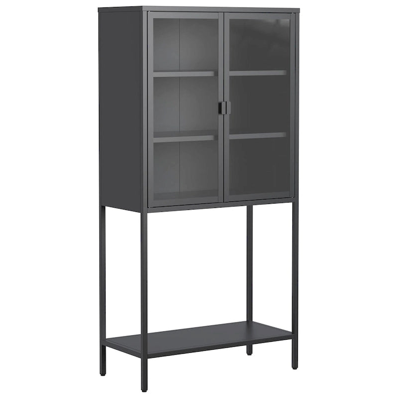 Steel Frame Glass Door Display Storage Cabinet with Adjustable Shelves and Open Bottom Rack
