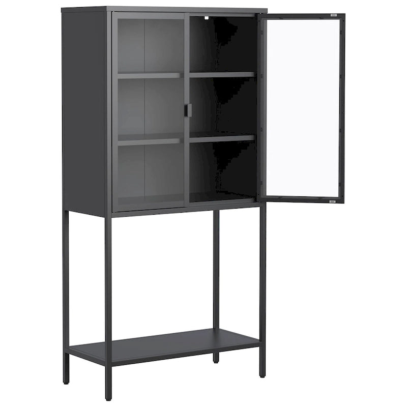 Steel Frame Glass Door Display Storage Cabinet with Adjustable Shelves and Open Bottom Rack
