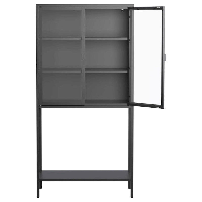 Steel Frame Glass Door Display Storage Cabinet with Adjustable Shelves and Open Bottom Rack