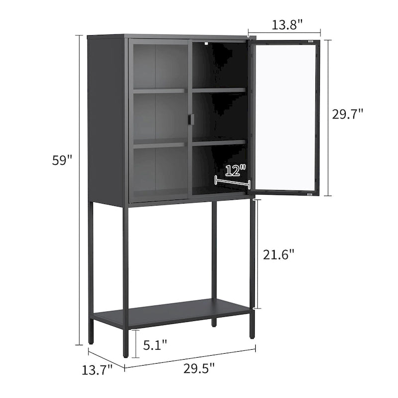 Steel Frame Glass Door Display Storage Cabinet with Adjustable Shelves and Open Bottom Rack