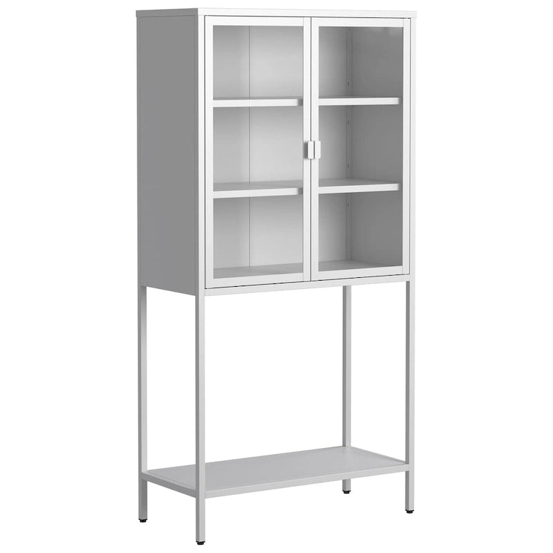 Steel Frame Glass Door Display Storage Cabinet with Adjustable Shelves and Open Bottom Rack