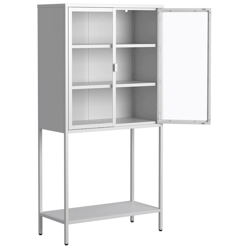 Steel Frame Glass Door Display Storage Cabinet with Adjustable Shelves and Open Bottom Rack