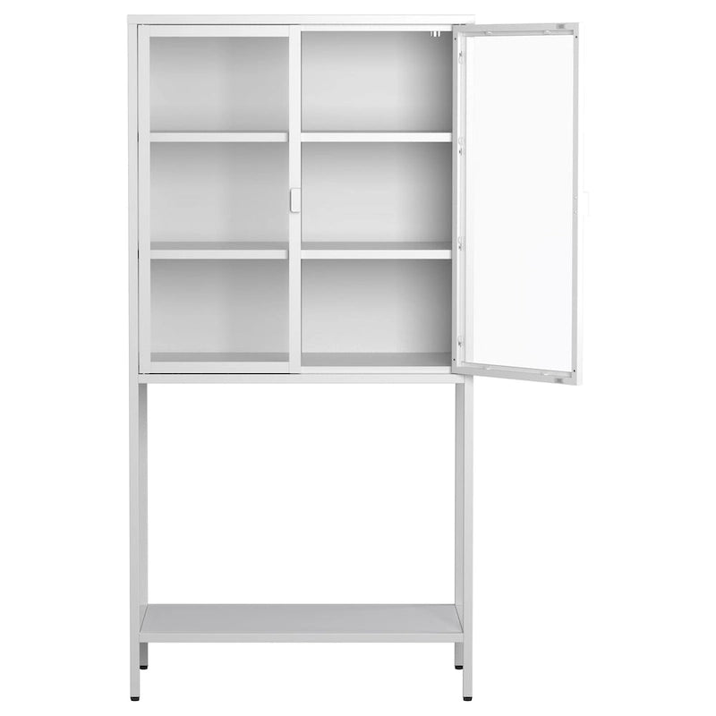 Steel Frame Glass Door Display Storage Cabinet with Adjustable Shelves and Open Bottom Rack