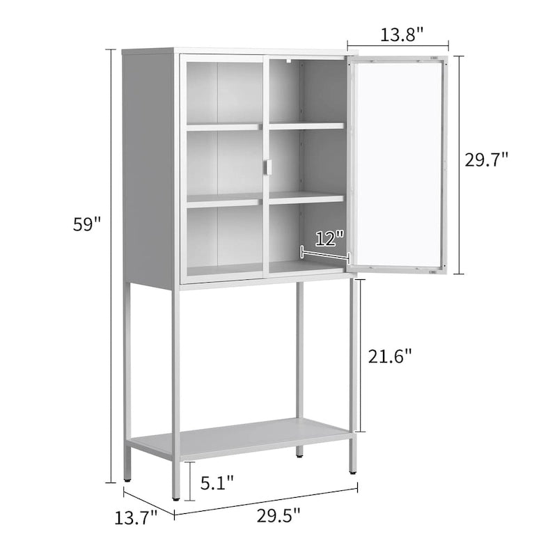 Steel Frame Glass Door Display Storage Cabinet with Adjustable Shelves and Open Bottom Rack