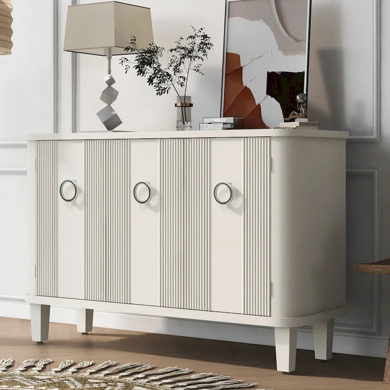 Black Three-Door Sideboard Cabinet with Metal Ring Handles Fluted Doors