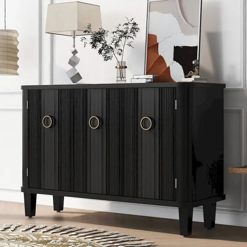 Black Three-Door Sideboard Cabinet with Metal Ring Handles Fluted Doors