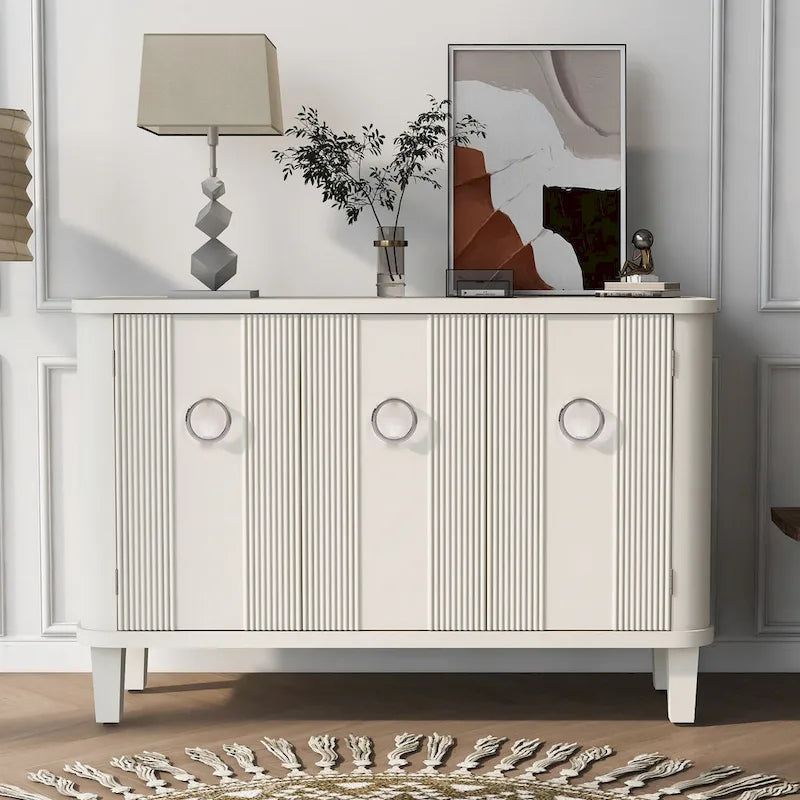 Black Three-Door Sideboard Cabinet with Metal Ring Handles Fluted Doors