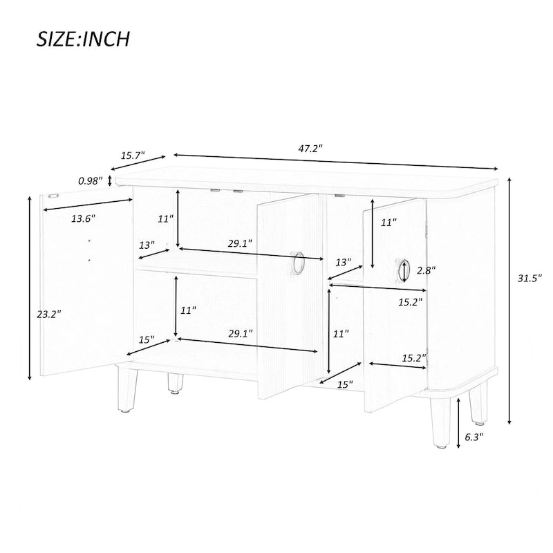 Black Three-Door Sideboard Cabinet with Metal Ring Handles Fluted Doors