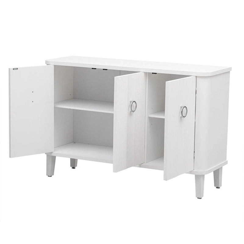 Black Three-Door Sideboard Cabinet with Metal Ring Handles Fluted Doors